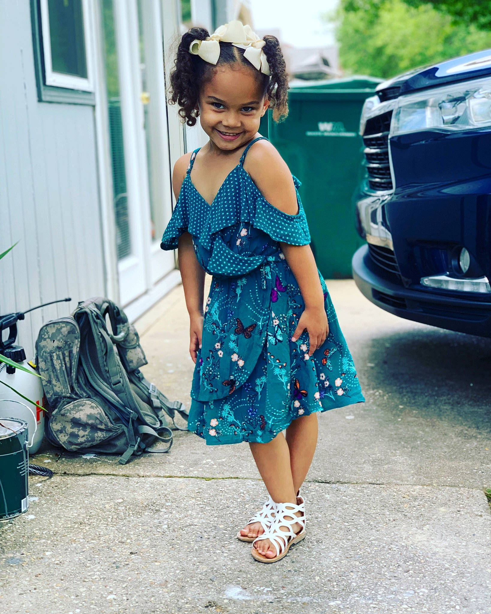 Avayah is registered to the contest to win money with this photo: black_hair, blue, car, child, child_model, clothing, daughter, denim, dress, electric_blue, fashion, footwear, joy, person, shoe, shoulder, street_fashion, style, textile, toddler
