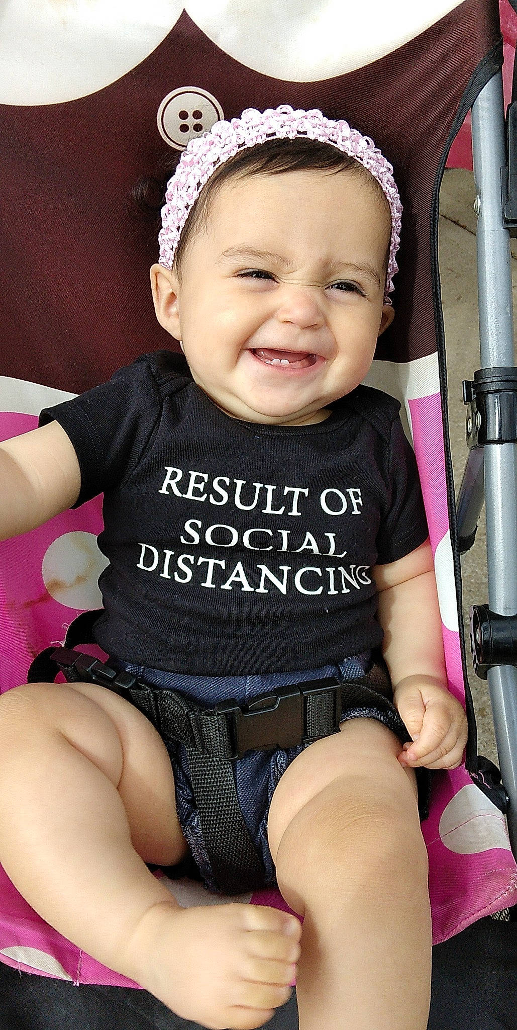 Adalie joined the competition — help win amazing prizes! baby, baby_toddler_clothing, black, cheek, eye, eyelash, facial_expression, fashion, finger, hand, happy, human, human_body, joy, organ, person, pink, product, skin, sleeve