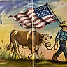 Sophie is registered to the contest to win money with this photo: american_flag, animal, art, boots, brick_wall, child, colorful, cow, cowboy, grass, hat, mural, outdoor, painting, patriotic, rope, rural, sky, stars, wall_art