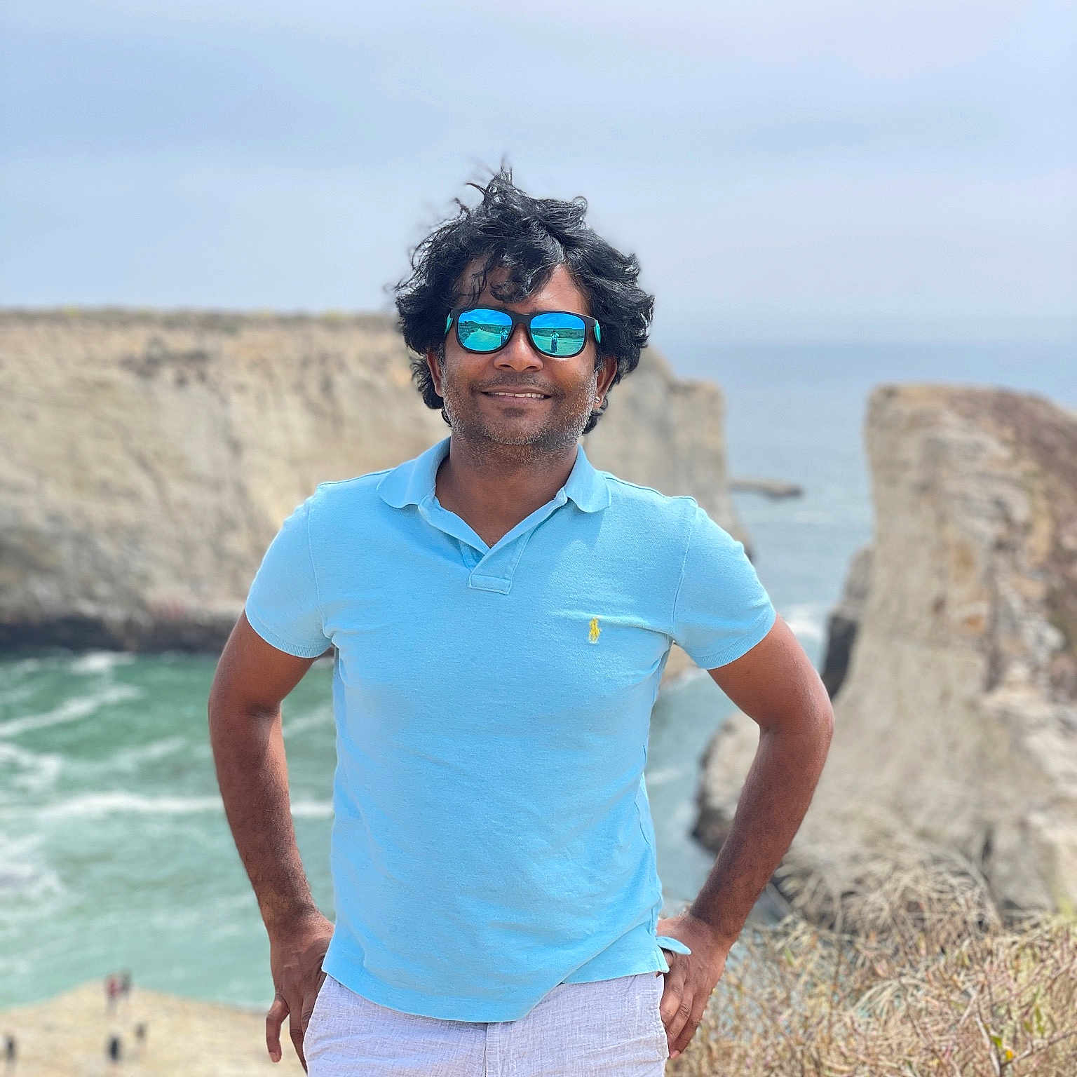 Koba is registered to the contest to win money with this photo: azure, electric_blue, eyewear, fun, glasses, hairstyle, happy, horizon, landscape, leisure, people_in_nature, plant, recreation, sand, sky, smile, sunglasses, t_shirt, travel, water