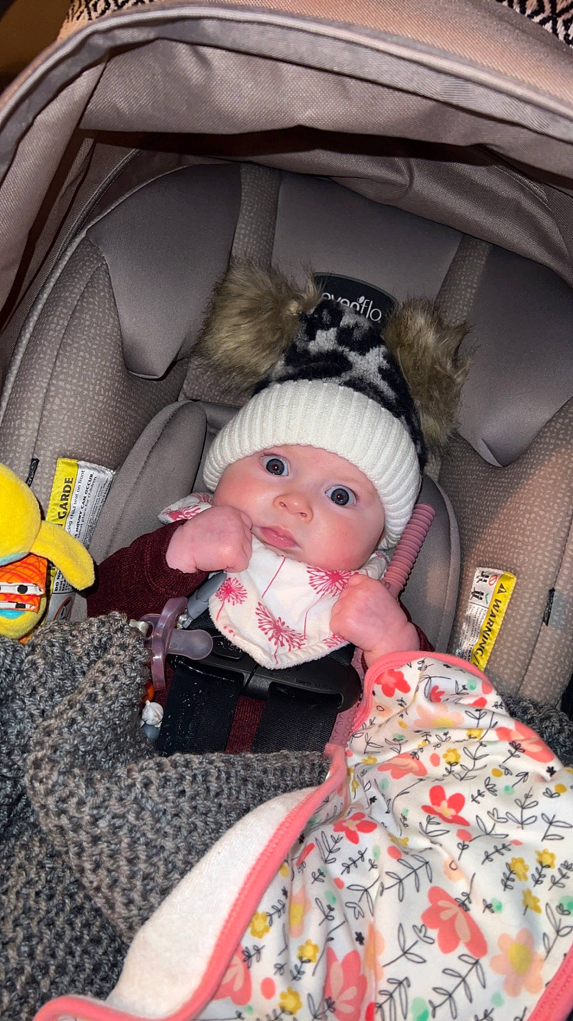Willow is registered to the contest to win money with this photo: auto_part, baby, baby_carriage, baby_products, bag, car, car_seat, car_seat_cover, carmine, child, comfort, doll, family_car, headwear, luxury_vehicle, motor_vehicle, person, stuffed_toy, toddler, toy