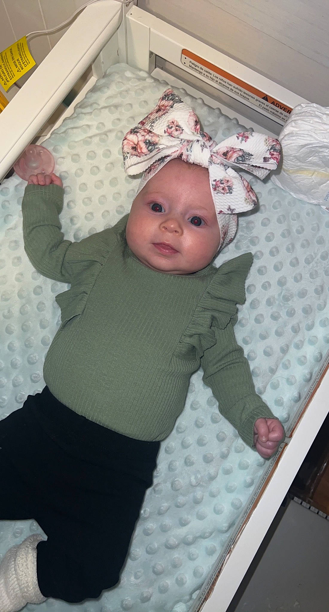 Willow joined the competition — help win amazing prizes! baby, baby_toddler_clothing, cheek, child, costume_hat, fashion_accessory, flooring, fun, headgear, headwear, linens, pattern, person, room, sleeve, standing, t_shirt, textile, toddler, wood