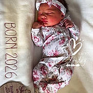 Kinsley joined the competition — help win amazing prizes! newborn, baby, sleeping, floral_clothing, headband, blanket, plush, portrait, infant, cute, peaceful, wooden_plaque, birth_details, soft_texture, indoors, resting, child, cozy, white_background, decorative_text