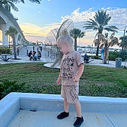 Karter joined the competition — help win amazing prizes! child, blonde_hair, standing, outdoor, park, palm_tree, waterfront, concrete, bench, people, sunset, sculpture, grass, casual_clothing, shorts, tshirt, black_shoes, sky, nature, urban