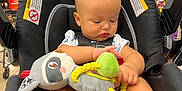 Kaden joined the competition — help win amazing prizes! baby, car_seat, toy, plush_toy, infant, grocery_store, produce_section, shopping_cart, child, foot, hand, clothing, sitting, seatbelt, black_car_seat, indoor, shopping, cute, focused, childrens_toy