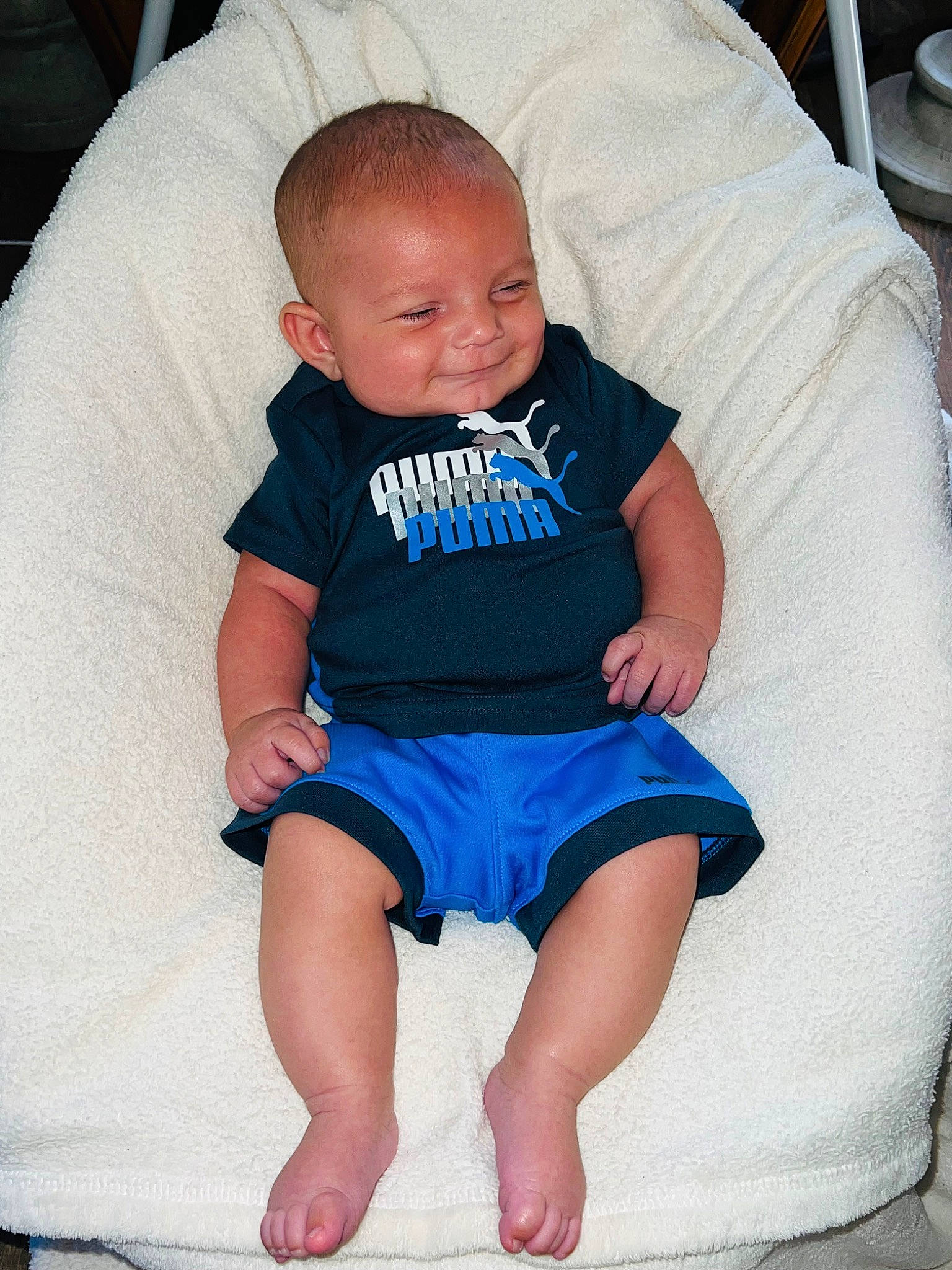 Layton joined the competition — help win amazing prizes! baby_toddler_clothing, chair, child, comfort, couch, eye, face, finger, hair, head, knee, leg, mouth, organ, person, skin, sleeve, smile, t_shirt, thigh