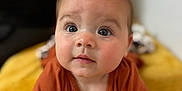 Emory is registered to the contest to win money with this photo: baby, child, infant, bow, orange_clothing, yellow_blanket, closeup, face, blue_eyes, curious_expression, soft_focus, indoor, portrait, cute, young_child, crawling, skin, head, person, baby_girl