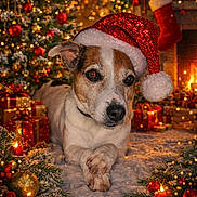 Léna a rejoint le concours — aidez-le/la à gagner de superbes lots ! dog, santa_hat, christmas_tree, christmas_lights, fireplace, presents, snow, holiday_decorations, pine_cones, ornaments, festive, cozy, indoor, warm_lighting, red, green, white, holiday, winter, celebration