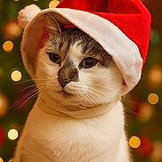 Flocon a rejoint le concours — aidez-le/la à gagner de superbes lots ! cat, santa_hat, christmas, holiday, festive, bokeh, white_fur, tabby, portrait, animal, pet, cute, indoors, celebration, winter, costume, whiskers, mammal, feline, soft_lighting