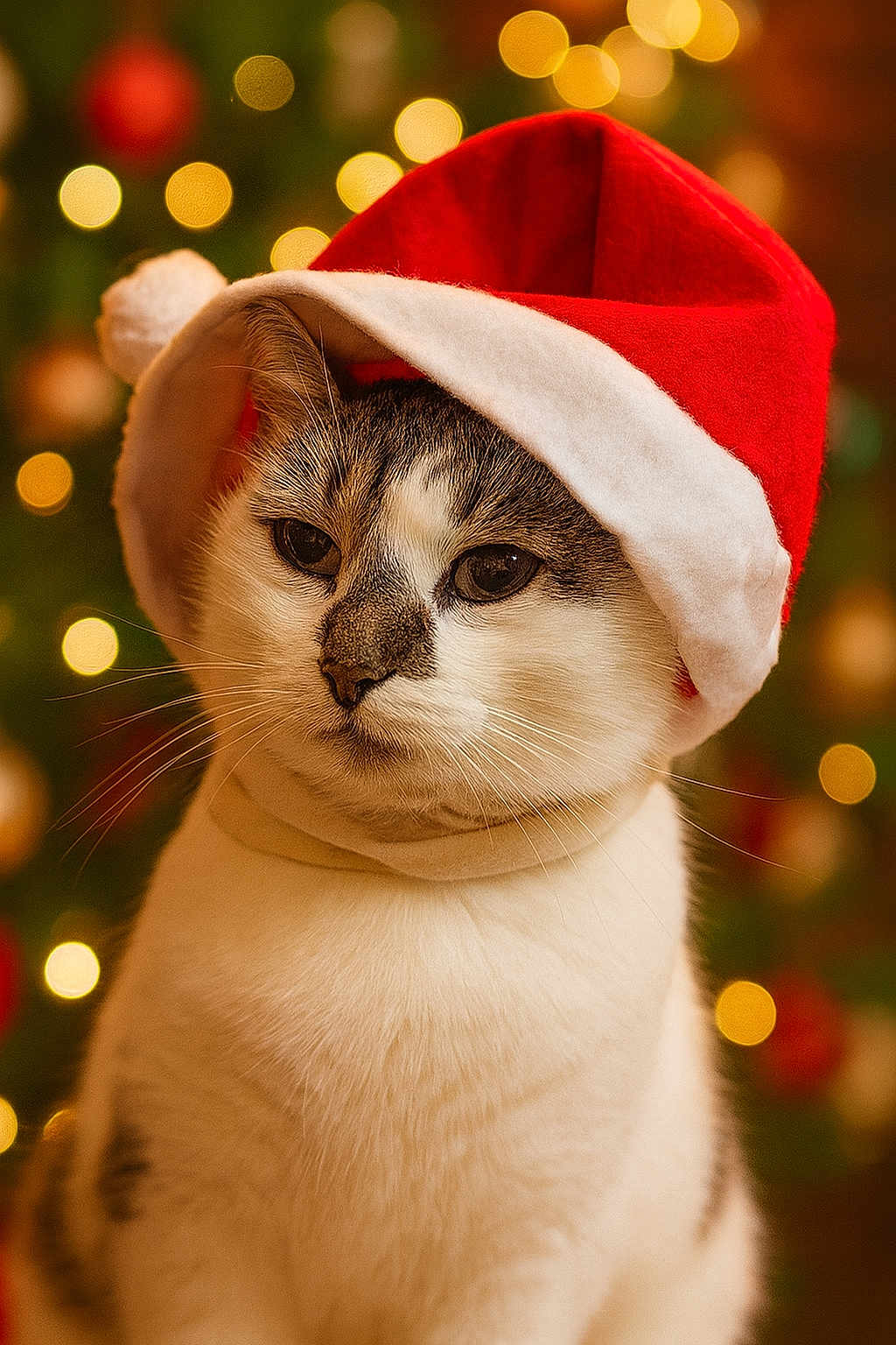 Flocon a rejoint le concours — aidez-le/la à gagner de superbes lots ! cat, santa_hat, christmas, holiday, festive, bokeh, white_fur, tabby, portrait, animal, pet, cute, indoors, celebration, winter, costume, whiskers, mammal, feline, soft_lighting