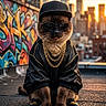 animal, cap, cat, city, fashion, funny, gold_chain, graffiti, hat, jacket, pet, portrait, rooftop, skyline, sneakers, streetwear, sunglasses, sunset, tracksuit, urban