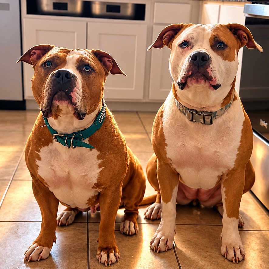 Freja And Athena joined the competition — help win amazing prizes! american_bully, animal_photography, brown_and_white, bulldog, cabinets, canine, collars, dogs, front_facing, household, indoors, kitchen, pet, portrait, serious_expression, short_hair, sitting, symmetrical_composition, tile_floor, two_dogs