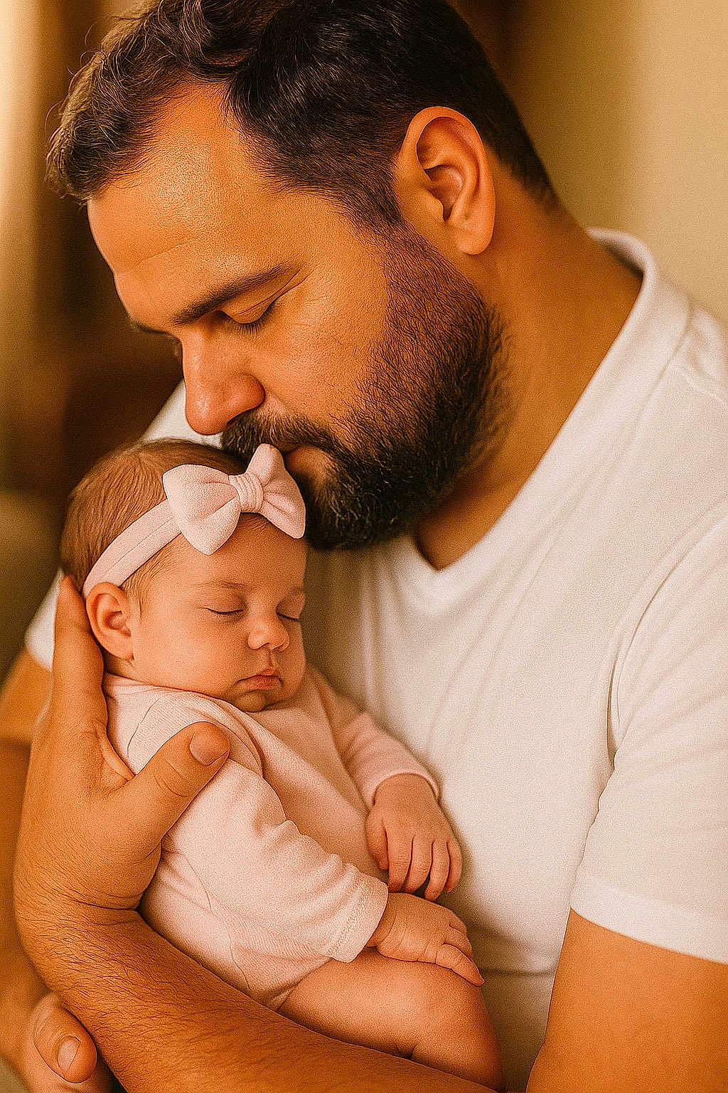 Lou a rejoint le concours — aidez-le/la à gagner de superbes lots ! man, baby, sleeping, beard, headband, bow, pink_clothing, white_shirt, holding, affection, closeup, portrait, indoor, warm_lighting, father, infant, love, tenderness, skin, hands