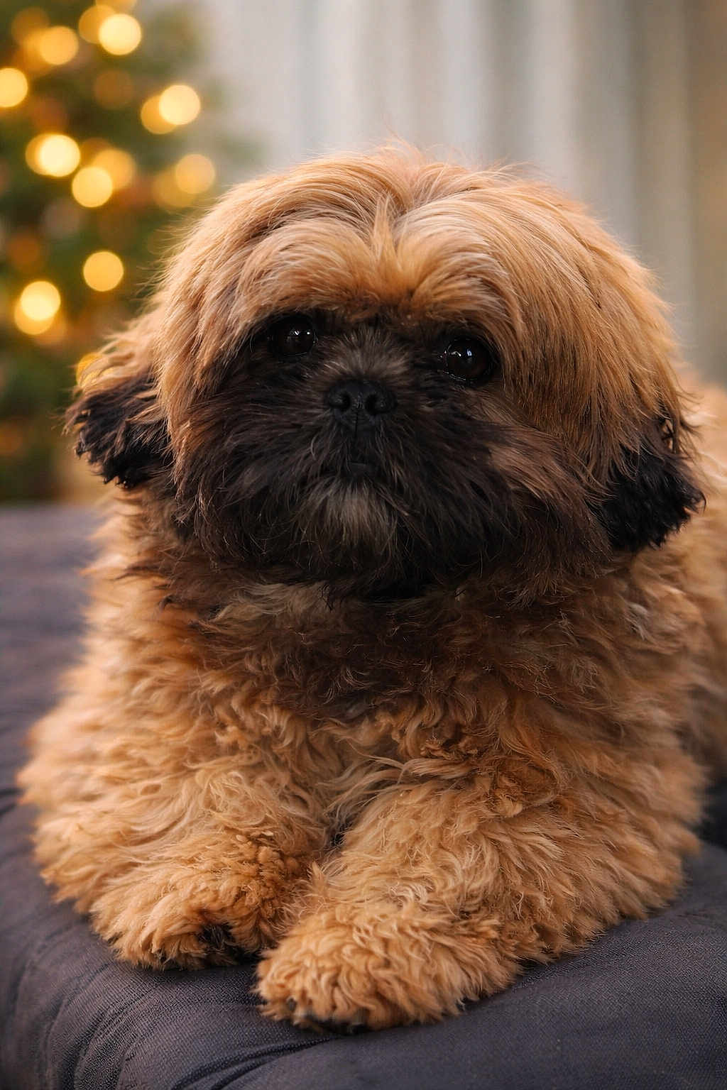 Atao participe au concours pour gagner de l'argent avec cette photo : dog, fluffy, curly_hair, pet, animal, portrait, close_up, brown, cute, indoors, cozy, soft_lighting, bokeh, relaxed, face, fur, resting, companion, cute_pet, holiday