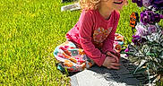 Natalie joined the competition — help win amazing prizes! child, girl, toddler, smiling, happy, portrait, outdoor, cemetery, graveyard, gravestone, flowers, floral_arrangement, grass, sunny, daylight, pink_shirt, colorful_clothing, curly_hair, kneeling, memorial