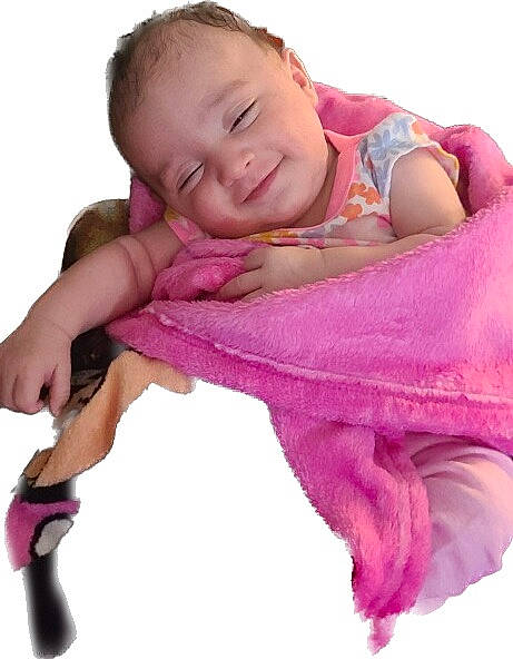 Isabella is registered to the contest to win money with this photo: baby, baby_safety, baby_sleeping, baby_toddler_clothing, cheek, comfort, finger, gesture, hand, infant_bed, joy, magenta, person, pink, product, purple, skin, sleeve, smile, thumb