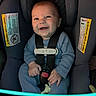 Matteo is registered to the contest to win money with this photo: baby, infant, car_seat, evenflo, smile, blue_outfit, harness, pacifier, child, sitting, happy, secured, seat_belt, indoor, cute, young_child, person, face, small_hands, clothing