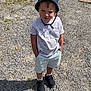 Lyno participe au concours pour gagner de l'argent avec cette photo : boy, bucket_hat, casual_clothing, child, daylight, gravel, hat, nature, outdoor, person, playful, shadow, shoes, shorts, socks, standing, summer, sunlight, tshirt, young_child