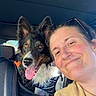 Lucky participe au concours pour gagner de l'argent avec cette photo : woman, dog, car_interior, selfie, smiling, happy_dog, dog_harness, seat, headrest, sunglasses, tongue_out, casual_clothing, pet, companion, closeup, daylight, portrait, seatbelt, vehicle, travel