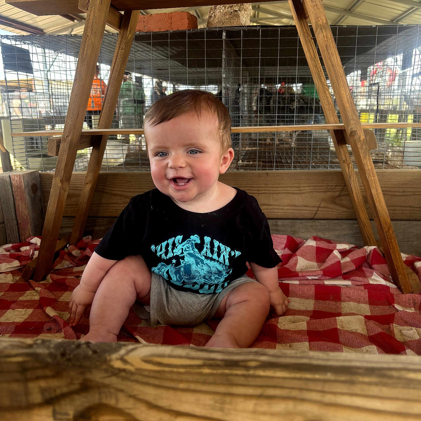 Ryett is registered to the contest to win money with this photo: baby, child, smiling, sitting, black_tshirt, gray_shorts, checkered_blanket, wooden_beams, wire_fence, indoor, farm, rustic, happy, person, face, head, blue_eyes, short_hair, natural_light, wood