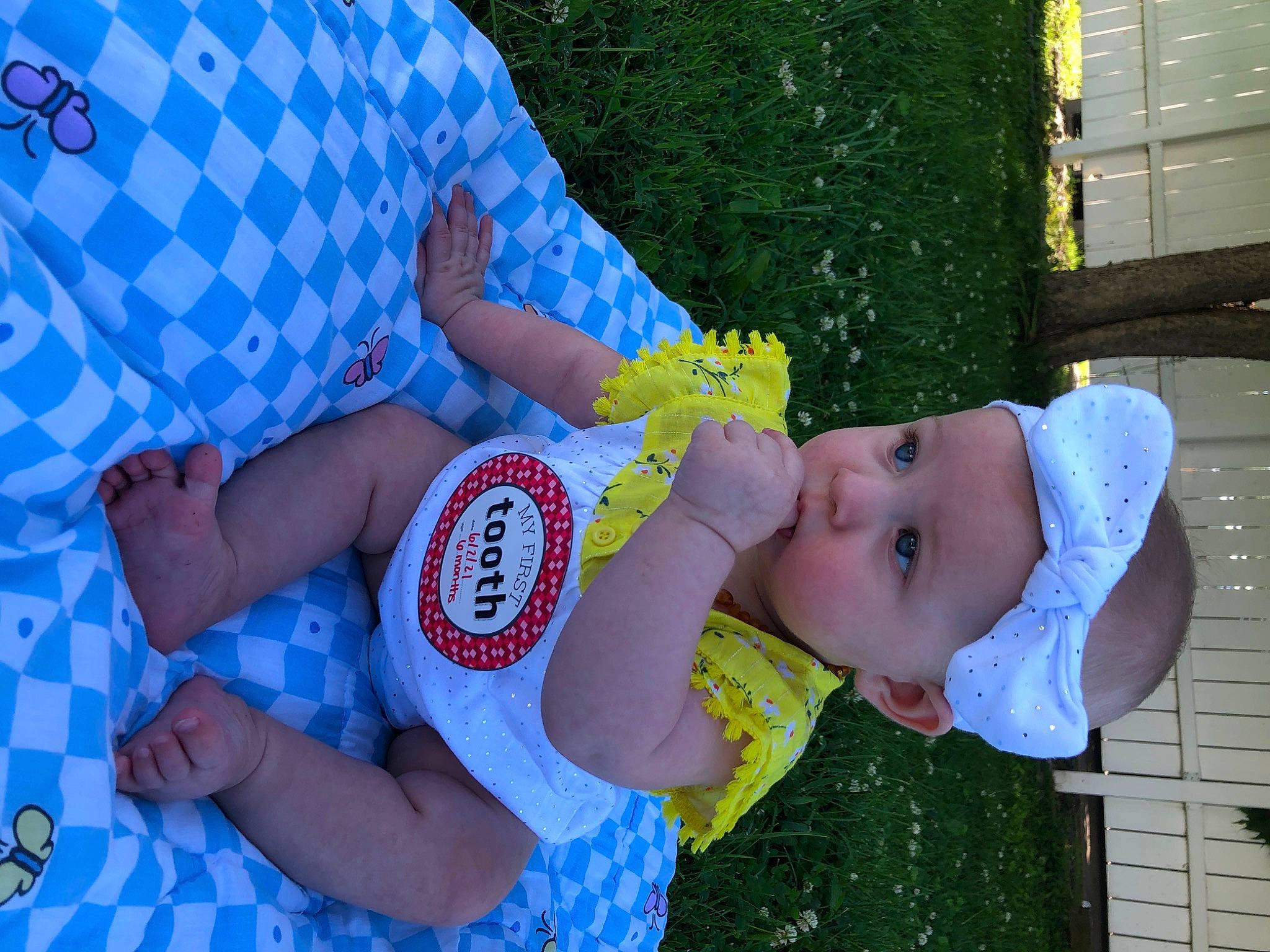 Dixie is registered to the contest to win money with this photo: arm, baby, baby_toddler_clothing, blue, child, finger, fun, gesture, grass, hand, happy, hat, headwear, human_body, nail, pattern, person, skin, summer, toddler