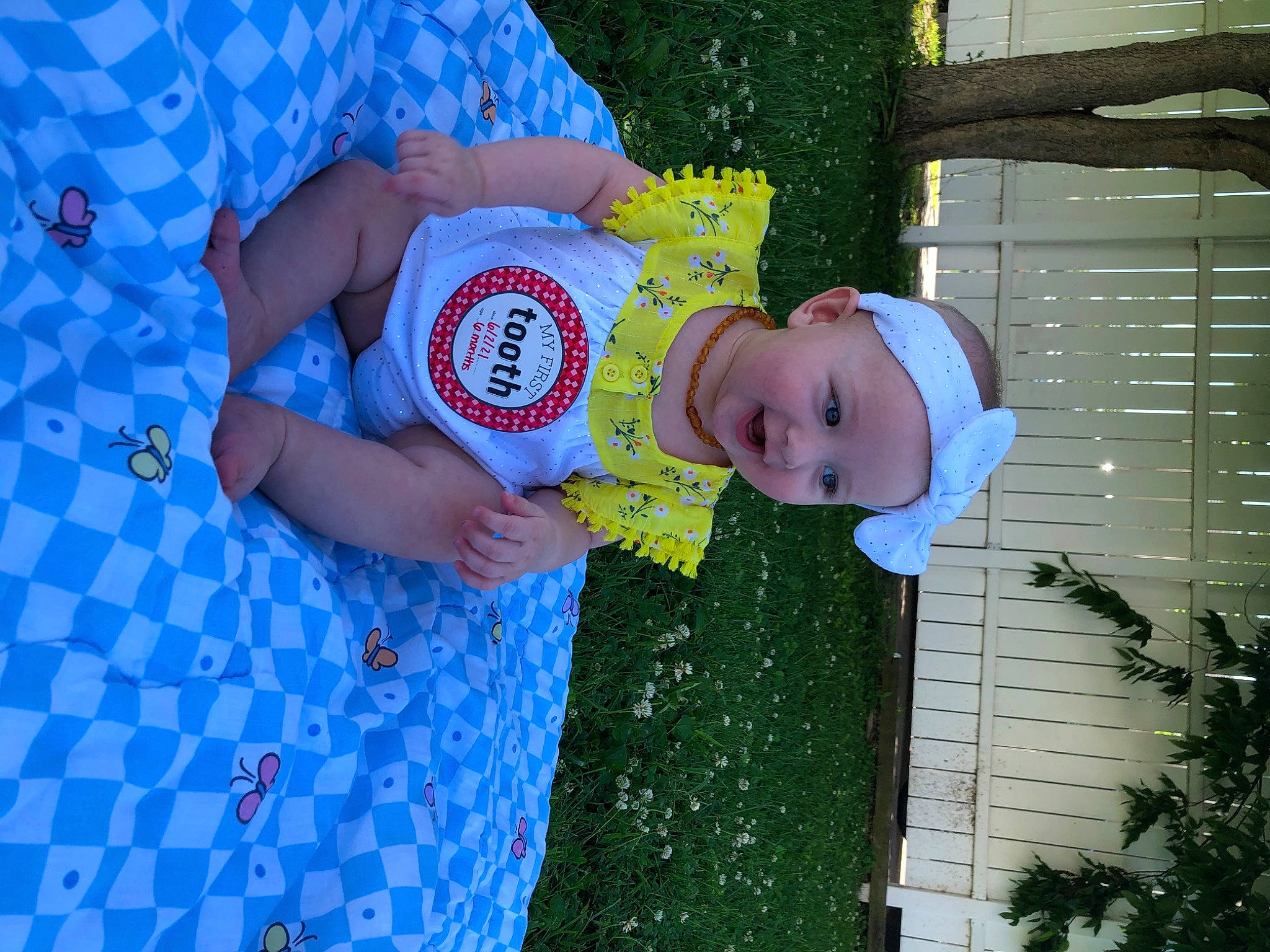 Dixie is registered to the contest to win money with this photo: baby, baby_products, baby_toddler_clothing, blue, child, electric_blue, fun, grass, happy, hat, headwear, leisure, nail, pattern, people_in_nature, person, plant, play, textile, toddler