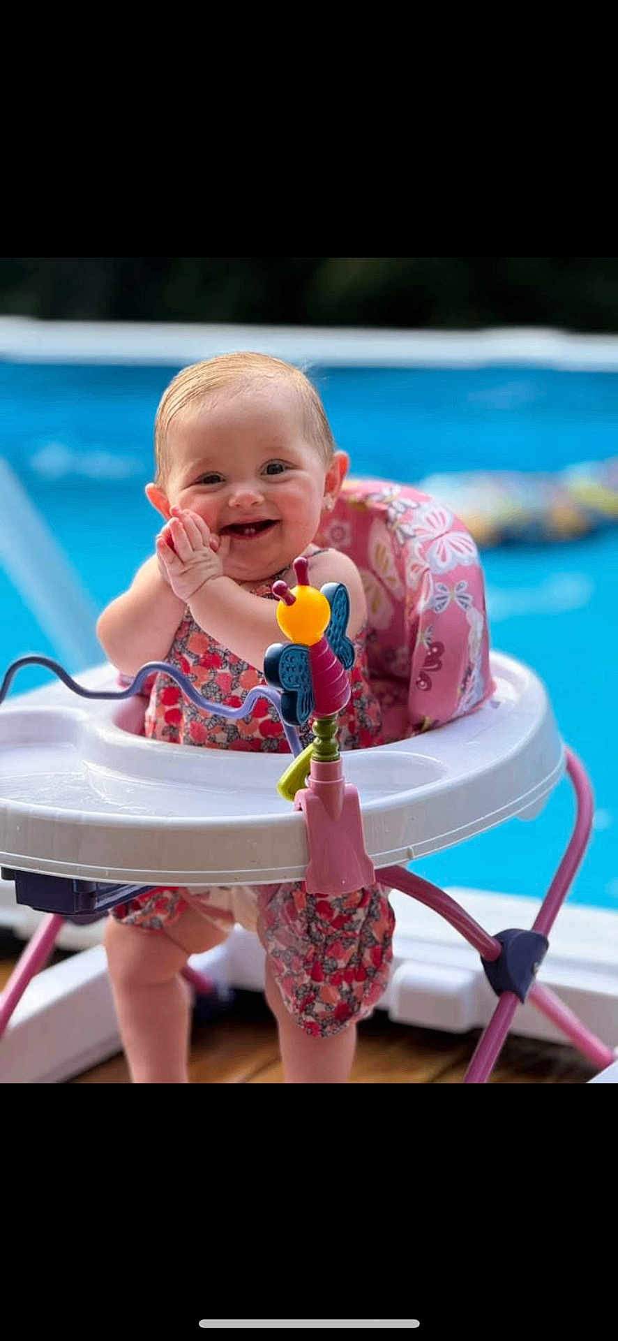 Sunnie Jae joined the competition — help win amazing prizes! baby, child, walker, pool, outdoor, smiling, happy, toy, pink, blue, summer, clothing, person, seat, playtime, cute, infant, water, sunlight, fun