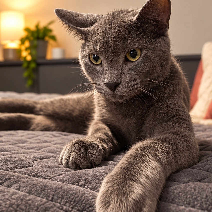 Cameron joined the competition — help win amazing prizes! cat, gray_cat, pet, animal, portrait, close_up, bed, bedroom, blanket, quilt, paw, whiskers, ears, yellow_eyes, fur, lounging, indoor, cozy, warm_lighting, home_decor