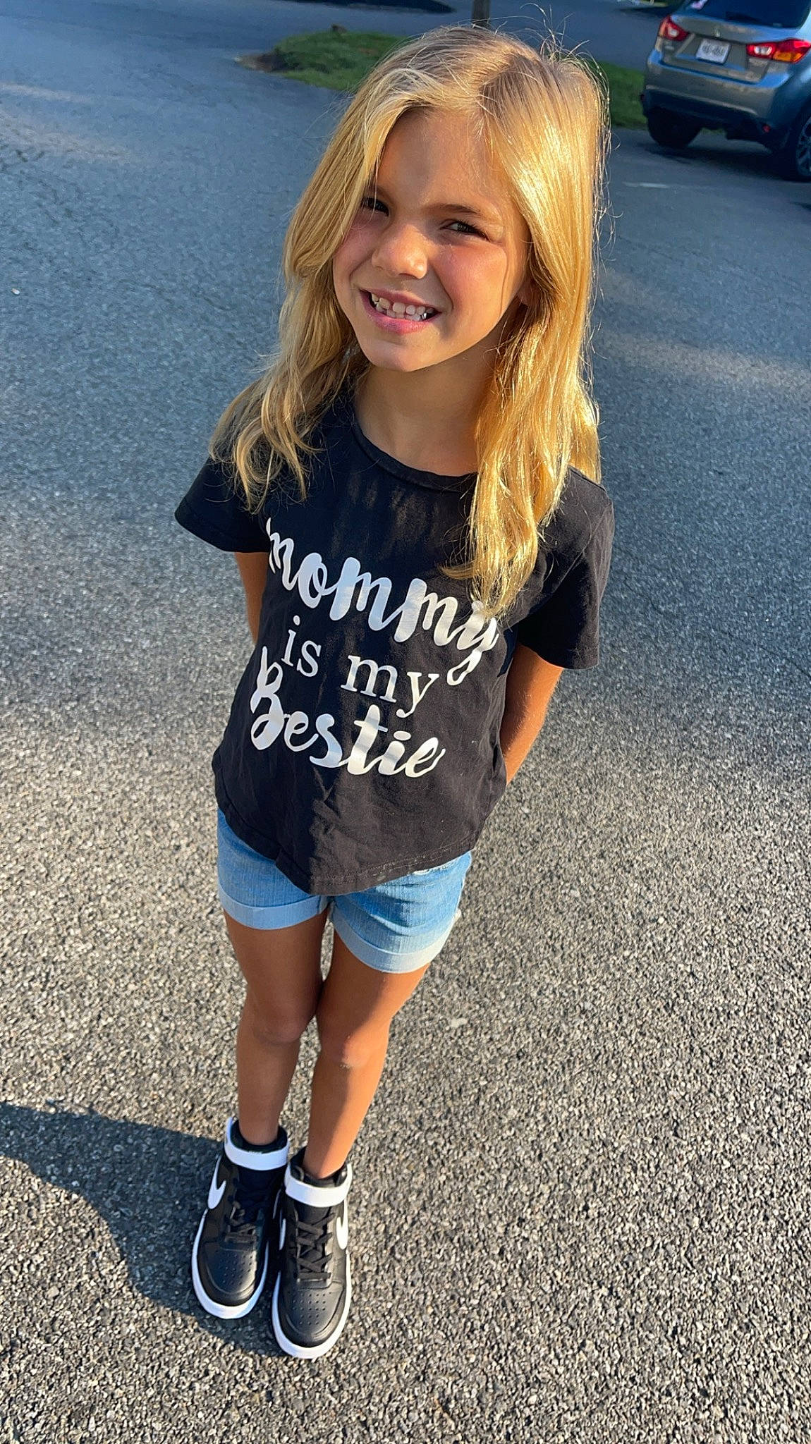 Mia joined the competition — help win amazing prizes! asphalt, beauty, cool, electric_blue, facial_expression, hair, hairstyle, happy, head, joint, joy, knee, leg, long_hair, person, shorts, sleeve, smile, summer, t_shirt
