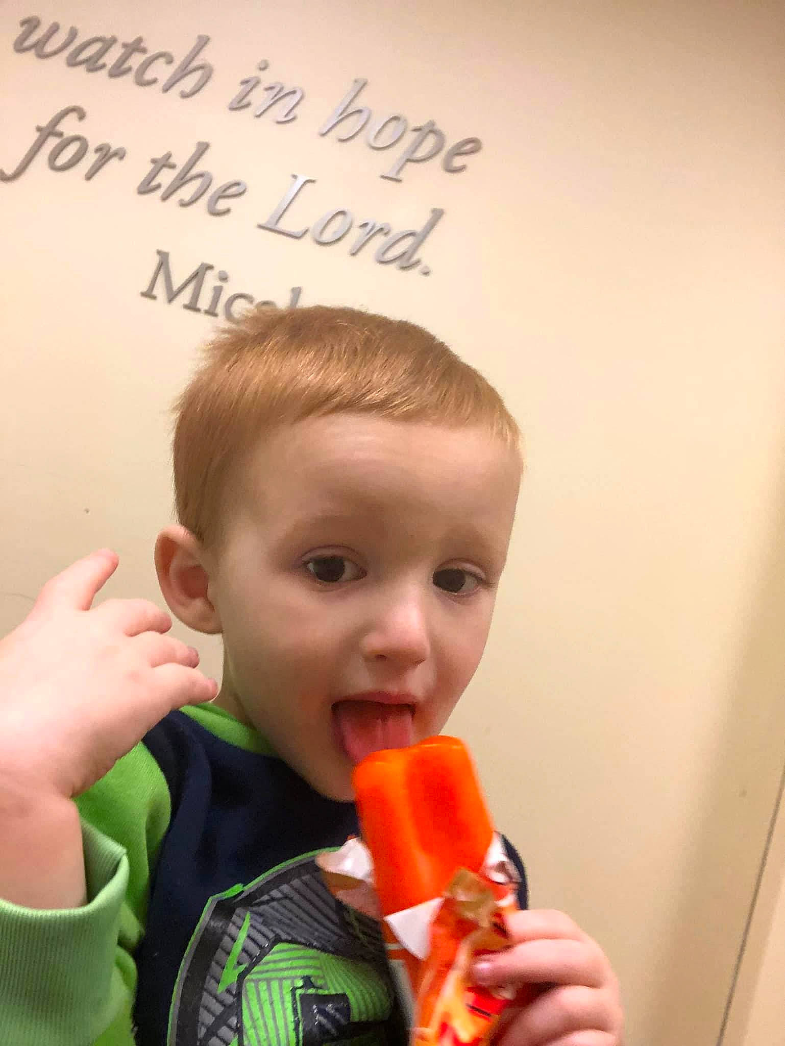 Easton joined the competition — help win amazing prizes! baby, baby_products, biting, child, face, finger, font, fun, hand, handwriting, happy, nose, orange, person, play, room, skin, surprise, t_shirt, thumb