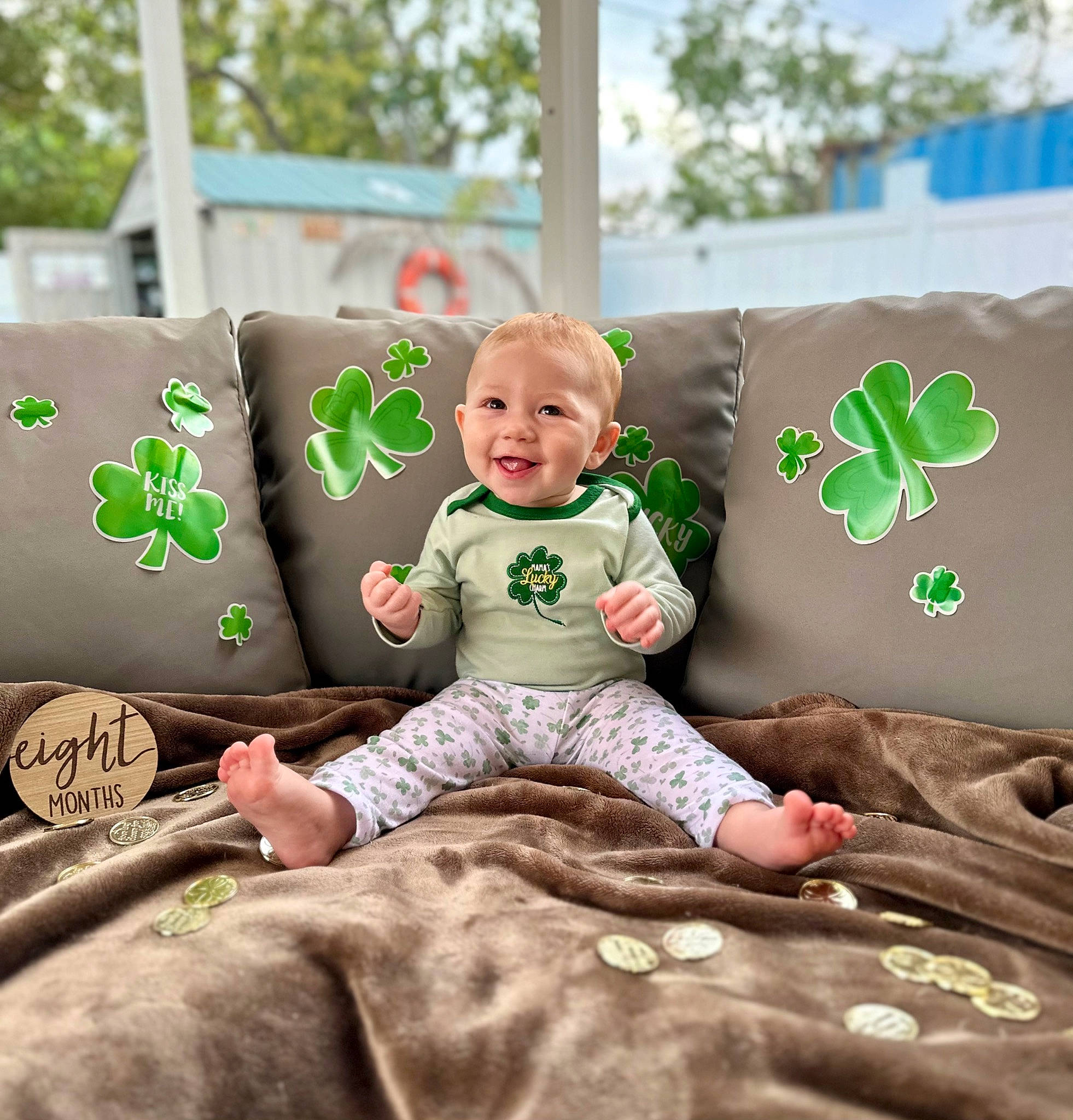 Krew joined the competition — help win amazing prizes! baby, baby_toddler_clothing, child, comfort, couch, event, fun, grass, happy, holiday, joy, leisure, linens, living_room, person, sitting, sky, sleeve, smile, t_shirt