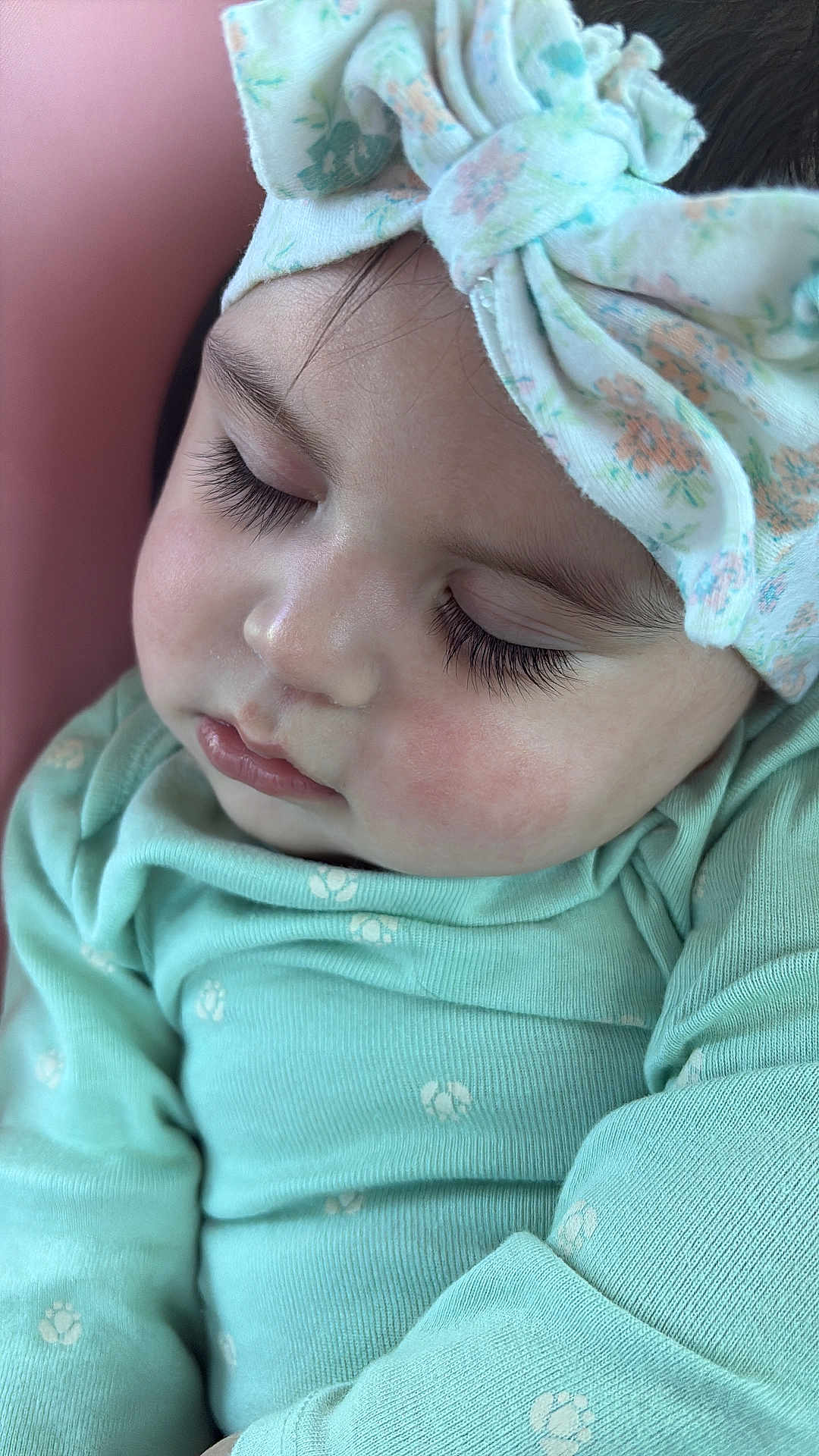 Emily Patricia joined the competition — help win amazing prizes! baby, infant, sleeping, long_eyelashes, headband, bow, onesie, mint_green, close_up, cheek, rosy_cheeks, peaceful, portrait, soft_texture, newborn, clothing, peaceful_sleep, nap_time, skin, cute