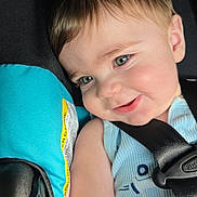 Theo joined the competition — help win amazing prizes! toddler, child, car_seat, seatbelt, blue_clothing, smile, face, baby, infant, young_child, portrait, straps, safety, cute, happy, indoors, closeup, skin, hair, expression