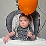 Theo is registered to the contest to win money with this photo: baby, balloon, child, cups, expression, face, furniture, hand, high_chair, indoor, orange, person, photography, seat, shirt, stars_pattern, straps, string, toddler, wall