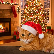 Baby is registered to the contest to win money with this photo: bokeh, cat, christmas, christmas_tree, cozy, decorations, festive, fireplace, ginger_cat, holiday, indoor, lights, pet, portrait, presents, relaxed, santa_hat, sofa, stocking, warmth