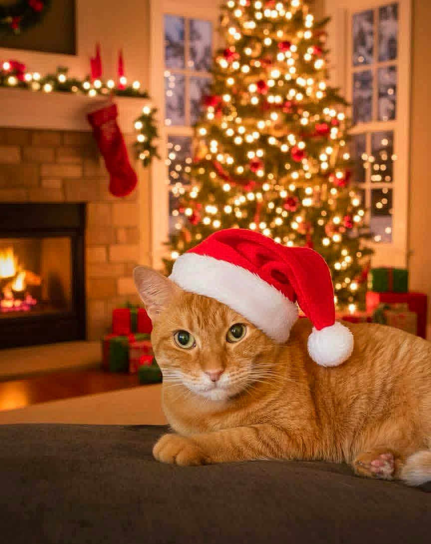 Baby is registered to the contest to win money with this photo: bokeh, cat, christmas, christmas_tree, cozy, decorations, festive, fireplace, ginger_cat, holiday, indoor, lights, pet, portrait, presents, relaxed, santa_hat, sofa, stocking, warmth