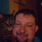 Kit Cat is registered to the contest to win money with this photo: man, cat, smiling, indoor, tabby_cat, facial_hair, close_up, cozy, pet, friendship, portrait, casual, wall_art, home, relaxed, dark, comfort, couch, animal, human