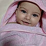 baby, child, towel, pink, hood, smiling, face, eyes, infant, cute, wrapped, soft, portrait, closeup, skin, happy, indoors, baby_bath, baby_girl, cozy
