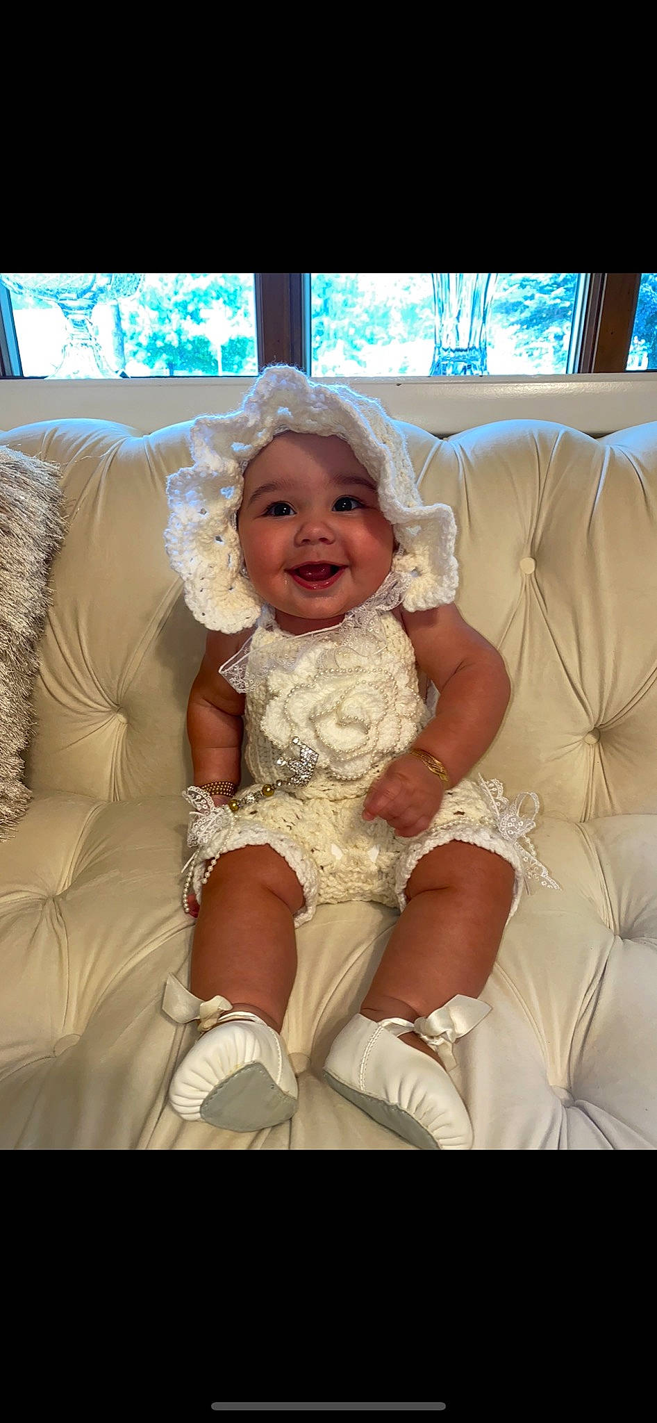 Angel joined the competition — help win amazing prizes! baby, chair, comfort, couch, dress, event, eye, fun, hairstyle, happy, headwear, human_leg, iris, jewellery, joy, lap, leg, living_room, person, smile