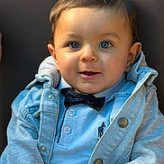 Maylon participe au concours pour gagner de l'argent avec cette photo : baby, child, face, blue_shirt, bow_tie, denim_jacket, cute, portrait, smiling, happy, young_child, buttoned_shirt, clothing, sitting, indoors, person, head_and_shoulders, casual_wear, closeup, infant