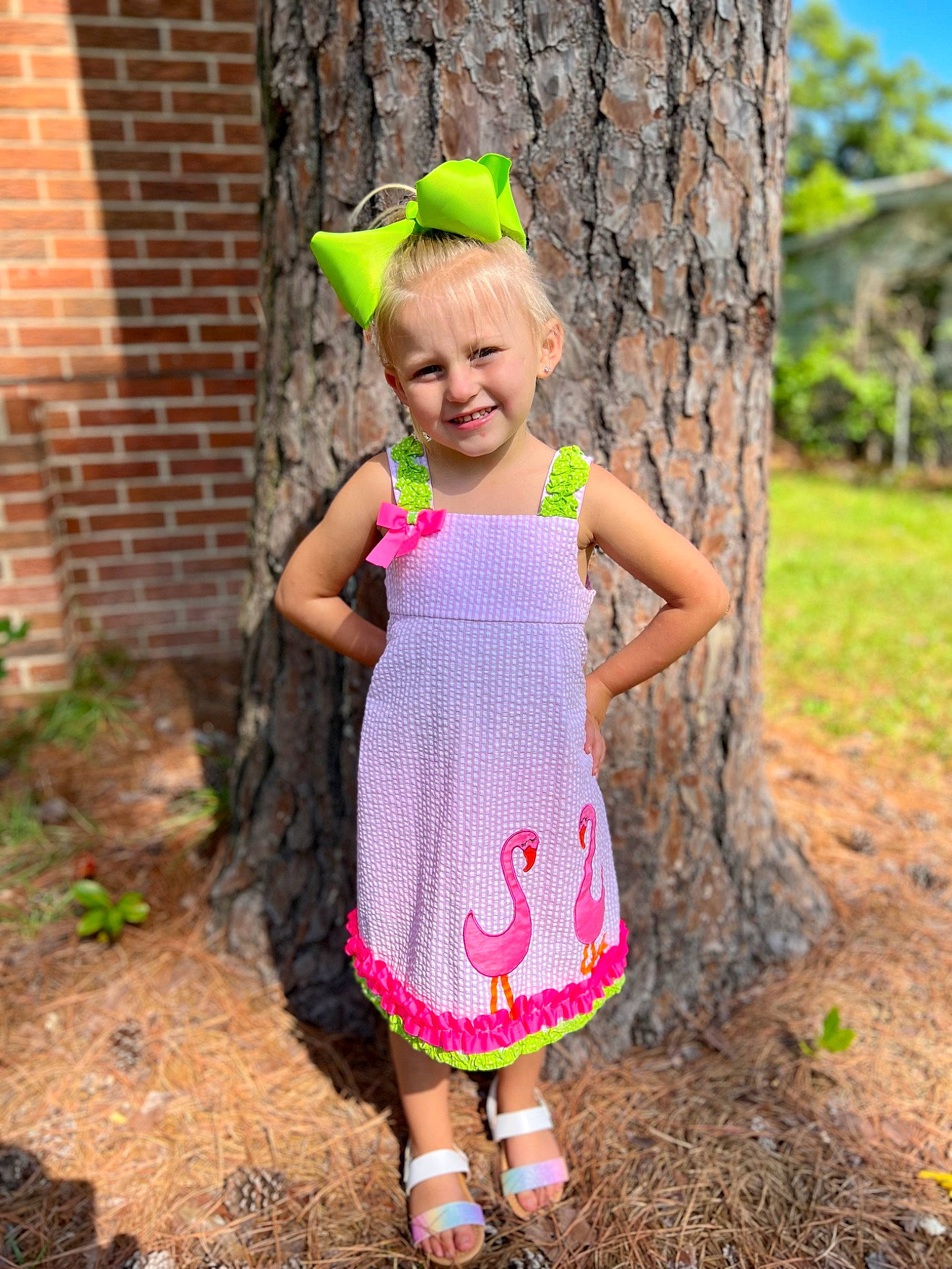 Layklynn is registered to the contest to win money with this photo: baby_toddler_clothing, brick, brickwork, child, day_dress, grass, happy, headgear, joy, leaf, magenta, people_in_nature, person, pink, plant, smile, summer, toddler, tree, trunk