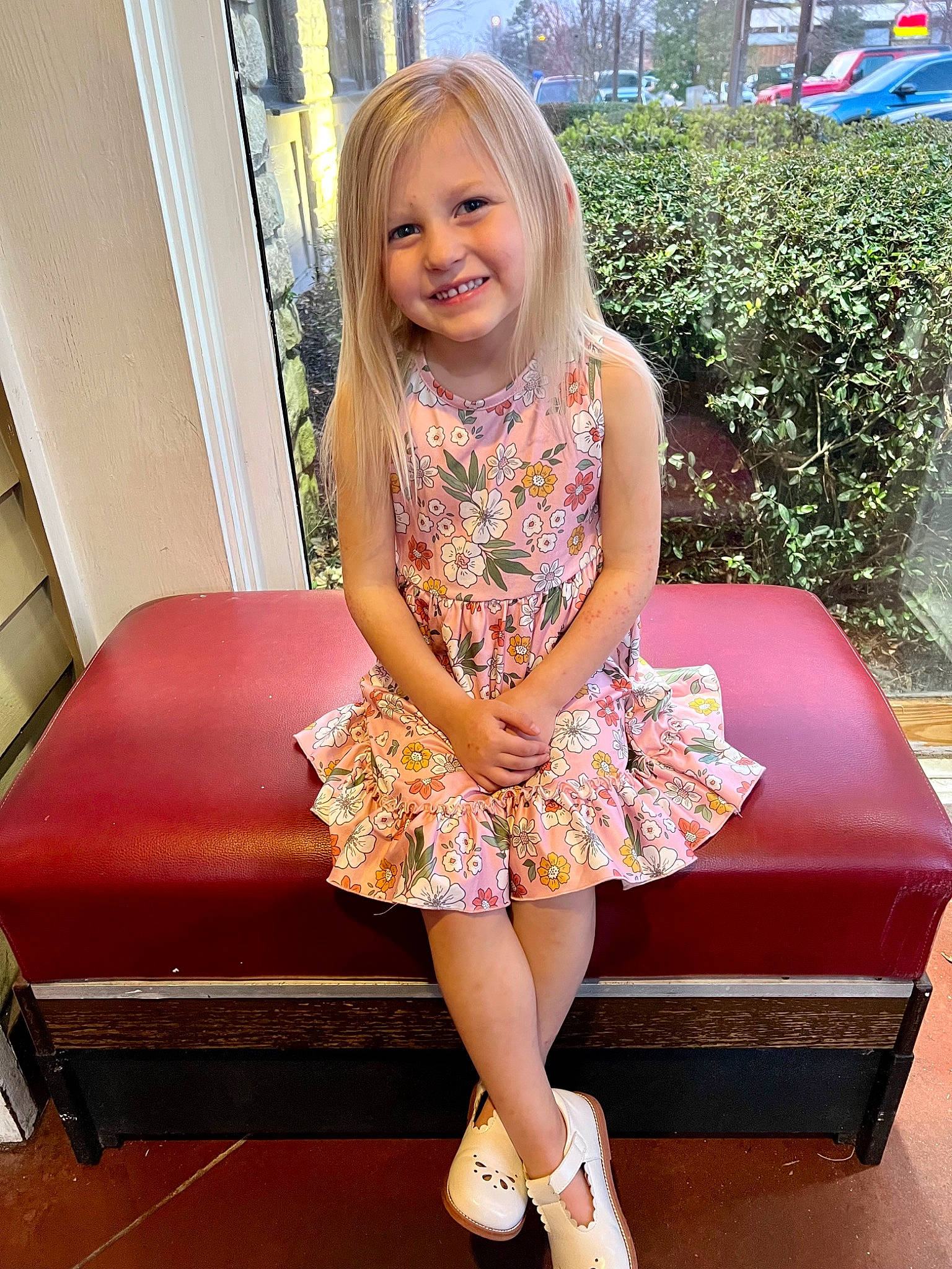 Layklynn is registered to the contest to win money with this photo: baby_toddler_clothing, blond, child, day_dress, dress, face, fashion_design, flooring, fun, happy, human_leg, joy, magenta, pattern, person, pink, plant, purple, smile, thigh