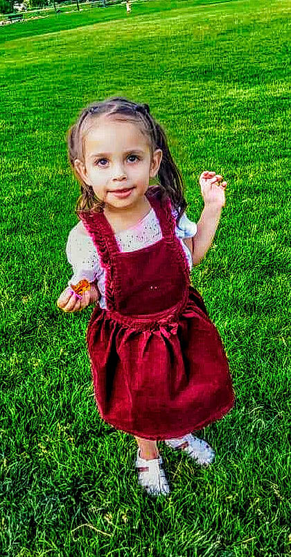 Alessia joined the competition — help win amazing prizes! child, child_model, clothing, design, dress, grass, green, joy, lawn, magenta, meadow, pattern, person, pink, plant, play, smile, toddler