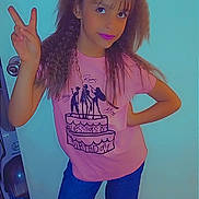 Alessia joined the competition — help win amazing prizes! child, girl, peace_sign, birthday_shirt, pink_shirt, blue_jeans, hair_buns, crimped_hair, indoor, door, vacuum_cleaner, carpet, posing, smiling, young, person, clothing, fashion, portrait, casual