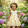 child, cute, fashion, flora, flower_headband, garden, happy, hydrangeas, innocence, lace, nature, outdoor, pathway, portrait, shoes, smiling, spring, sunlight, toddler, yellow_dress