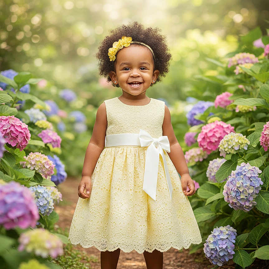 Lyrik joined the competition — help win amazing prizes! child, cute, fashion, flora, flower_headband, garden, happy, hydrangeas, innocence, lace, nature, outdoor, pathway, portrait, shoes, smiling, spring, sunlight, toddler, yellow_dress
