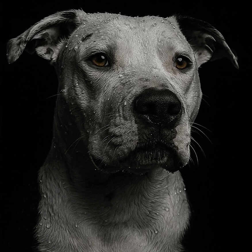 Rosco a rejoint le concours — aidez-le/la à gagner de superbes lots ! animal, black_background, canine, closeup, detailed, dog, ears, expression, eyes, fur, head, mammal, monochrome, nostrils, pet, portrait, studio, texture, water_droplets, wet