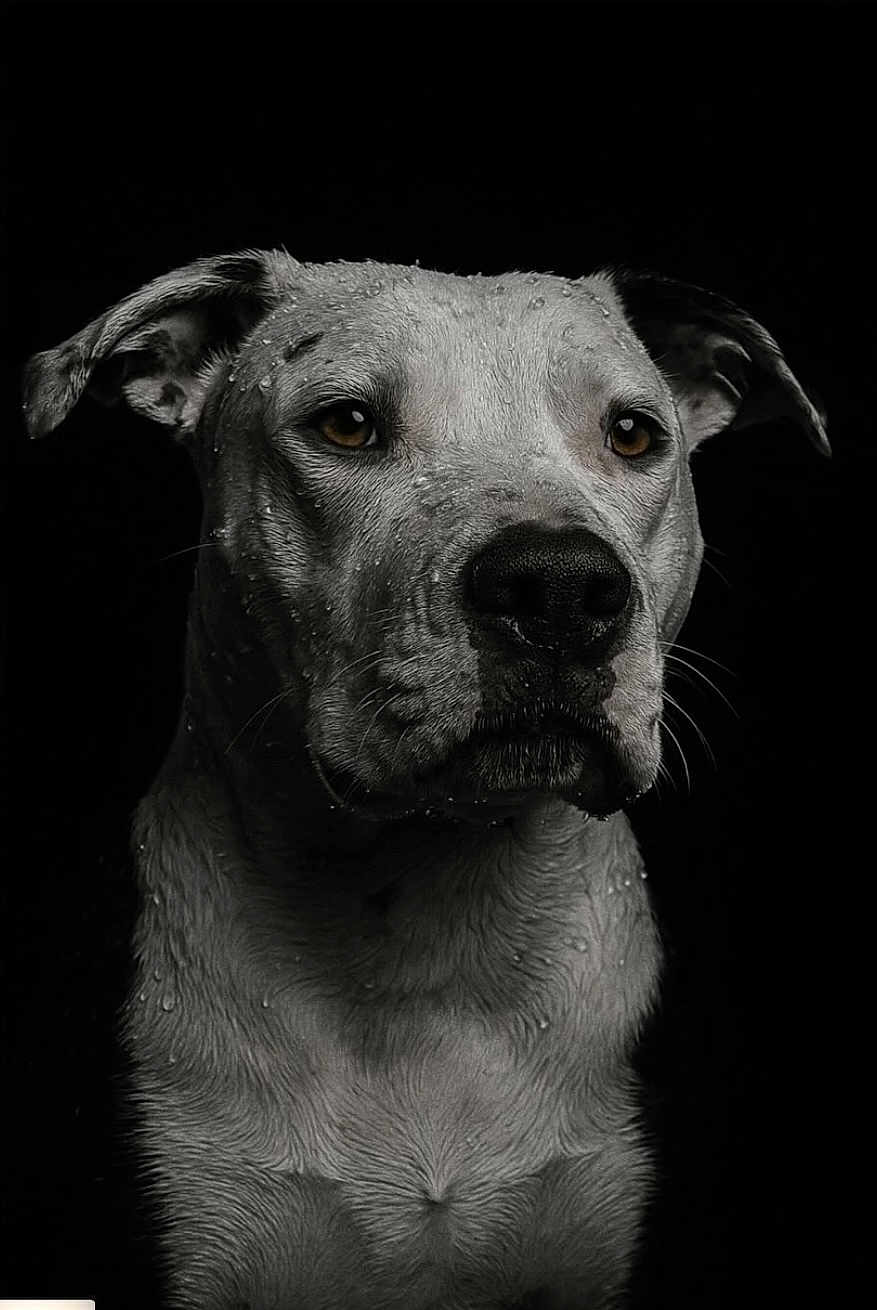 Rosco a rejoint le concours — aidez-le/la à gagner de superbes lots ! dog, wet, portrait, black_background, water_droplets, animal, canine, closeup, fur, ears, eyes, nostrils, head, expression, studio, monochrome, detailed, texture, pet, mammal