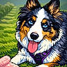 Laïka participe au concours pour gagner de l'argent avec cette photo : animal, blue_eyes, cartoon, collar, cute, dog, fur, grass, greenery, happy, illustration, nature, outdoor, pet, pink, playful, purple, smiling, tongue_out, toy