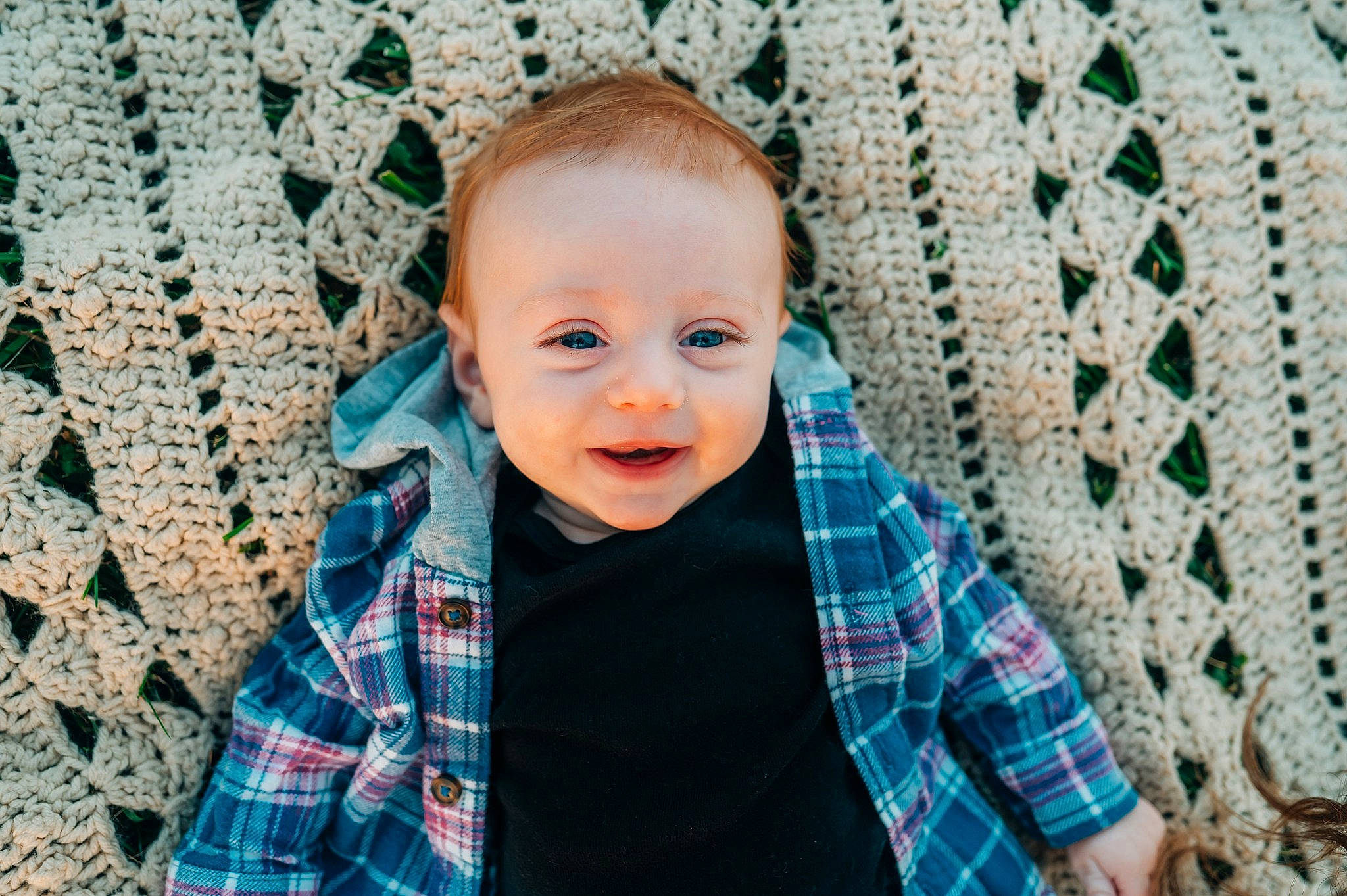 Lincoln joined the competition — help win amazing prizes! azure, baby, baby_toddler_clothing, blue, child, circle, electric_blue, flash_photography, fun, happy, linens, pattern, person, plaid, portrait_photography, sleeve, smile, tartan, textile, toddler